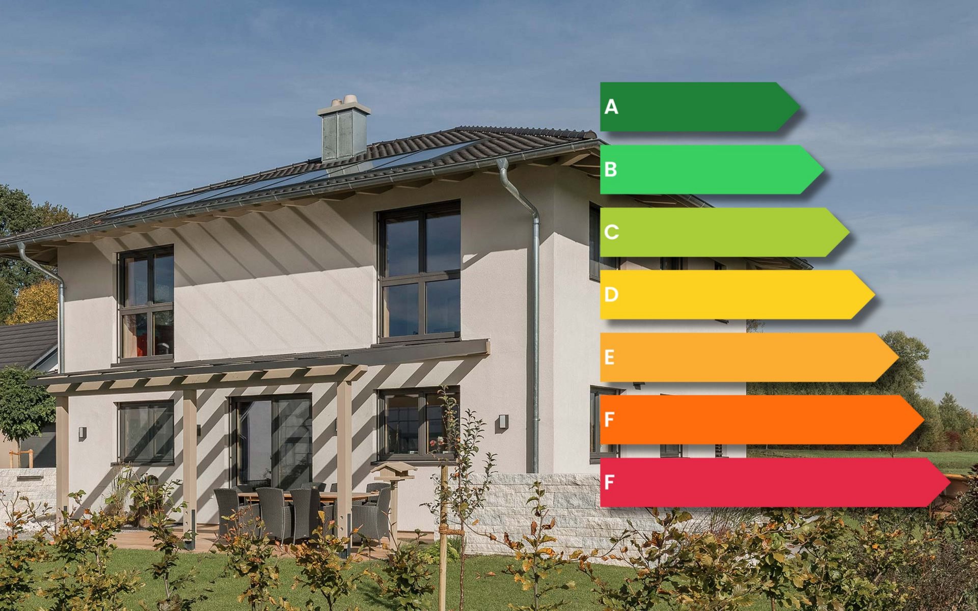 Ein modernes Haus mit Energieeffizienzklassen von A (grün) bis F (rot) an der Seite, die den Energieverbrauch anzeigen.
