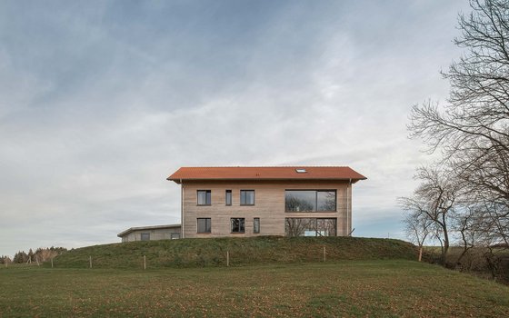 Ein modernes Holzhaus auf einem Hügel mit großflächigen Fenstern und einem Ziegeldach unter einem bewölkten Himmel, umgeben von kargen Bäumen und einer grünen Wiese.