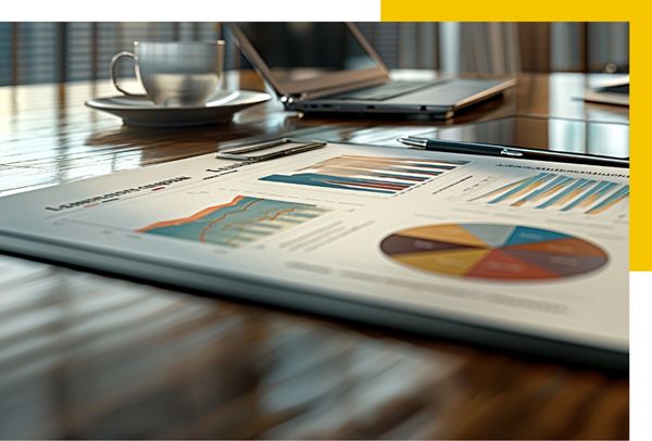 Ein Schreibtisch mit Berichten und Grafiken, die statistische Daten zeigen. Ein Laptop und eine Tasse Kaffee sind im Hintergrund.