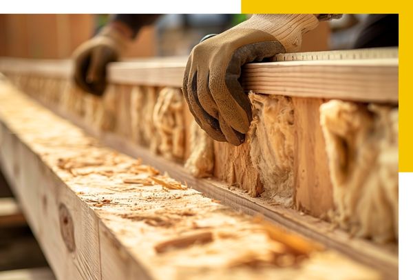 Hände mit Arbeitshandschuhen fassen ein Holzelement mit Dämmmaterial an, das eine natürliche Isolierung zeigt.