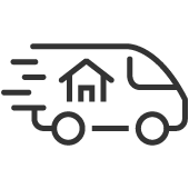 Ein Lieferwagen-Symbol mit einem kleinen Haus darauf, das vermutlich für Hauslieferung oder Transport steht.