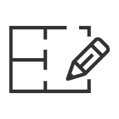 Ein Symbol mit einem Grundriss und einem Stift, das vermutlich für Planung oder Design steht.