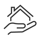 Ein einfaches Symbol einer Hand, die ein kleines Haus trägt, als Zeichen von Schutz oder Behaglichkeit im Hausbau.