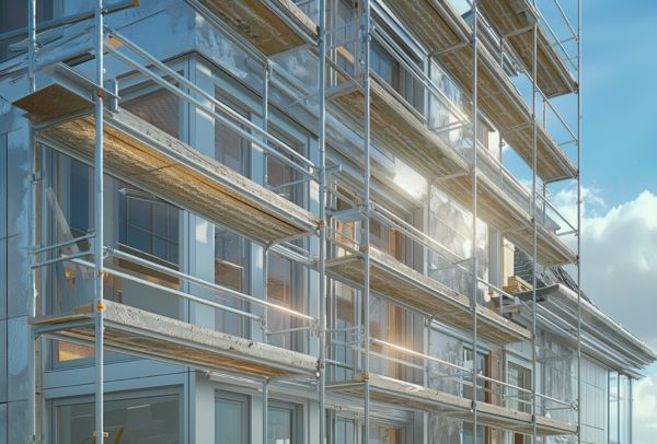 Außenansicht eines im Bau befindlichen Gebäudes, bei dem eine Holzkonstruktion und große Glasfronten zu sehen sind. Ein Baugerüst umgibt das Gebäude, das durch seine moderne, transparente Fassade auffällt.